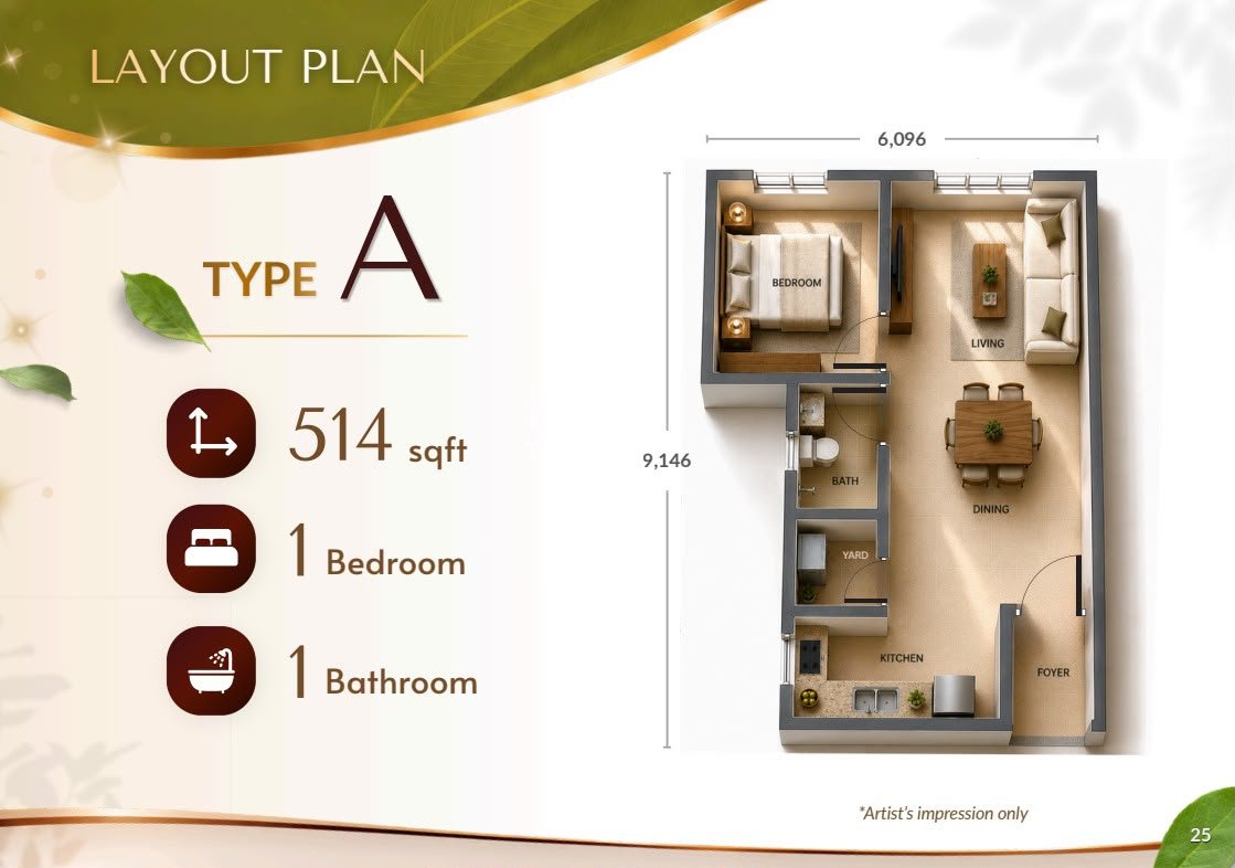 Residensi Jati De Meru Type A floor plan — 514 sq ft, 1 bedroom, 1 bathroom, with living, dining, kitchen, yard and foyer