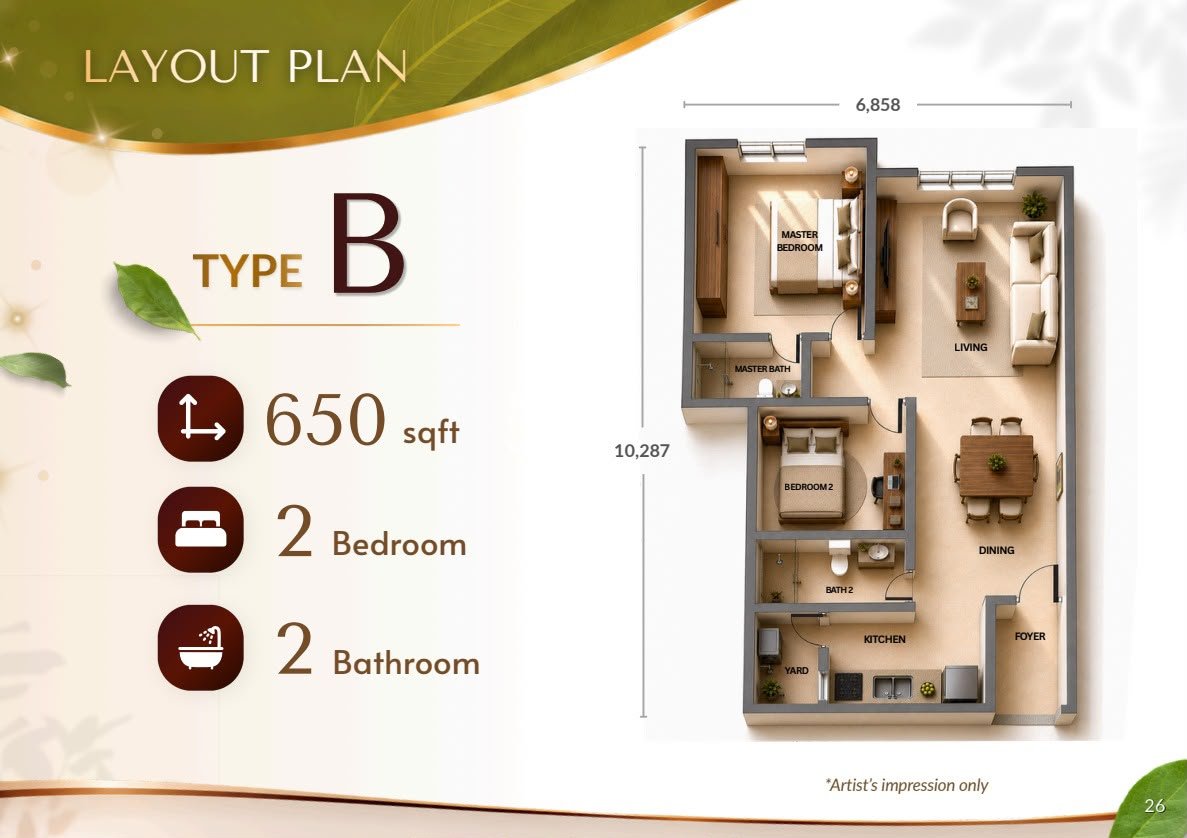 Residensi Jati De Meru Type B floor plan — 650 sq ft, 2 bedrooms, 2 bathrooms, with master bath, living, dining, kitchen, yard and foyer