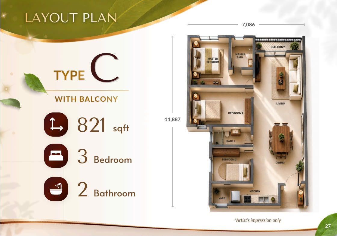 Residensi Jati De Meru Type C floor plan — 821 sq ft, 3 bedrooms, 2 bathrooms with balcony, master bath, living, dining, kitchen and yard