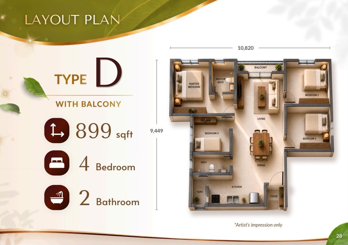 Residensi Jati De Meru Type D floor plan — 899 sq ft, 4 bedrooms, 2 bathrooms with balcony, master bath, living, dining, kitchen, yard and foyer