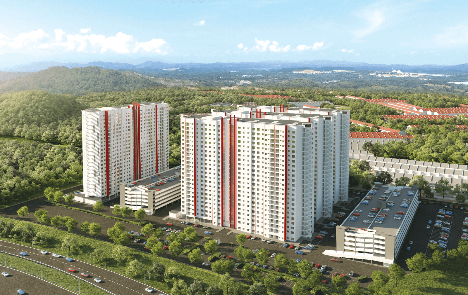 Aerial artist's impression of Residensi Jati De Meru, freehold apartments in Bandar Meru Raya, Ipoh, Perak